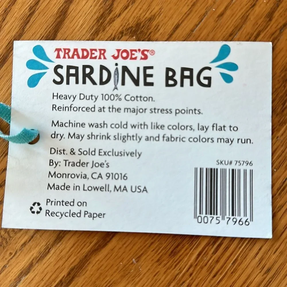 Trader Joe’s Limited Edition Reusable Canvas Bag Turquoise Blue Sardines - Picture 7 of 9